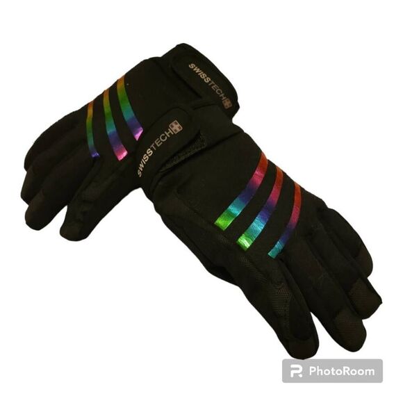 Swiss Tech Youth Water Resistant Black Ski Glove with Rainbow Foil Stripes, Rein - Picture 3 of 4